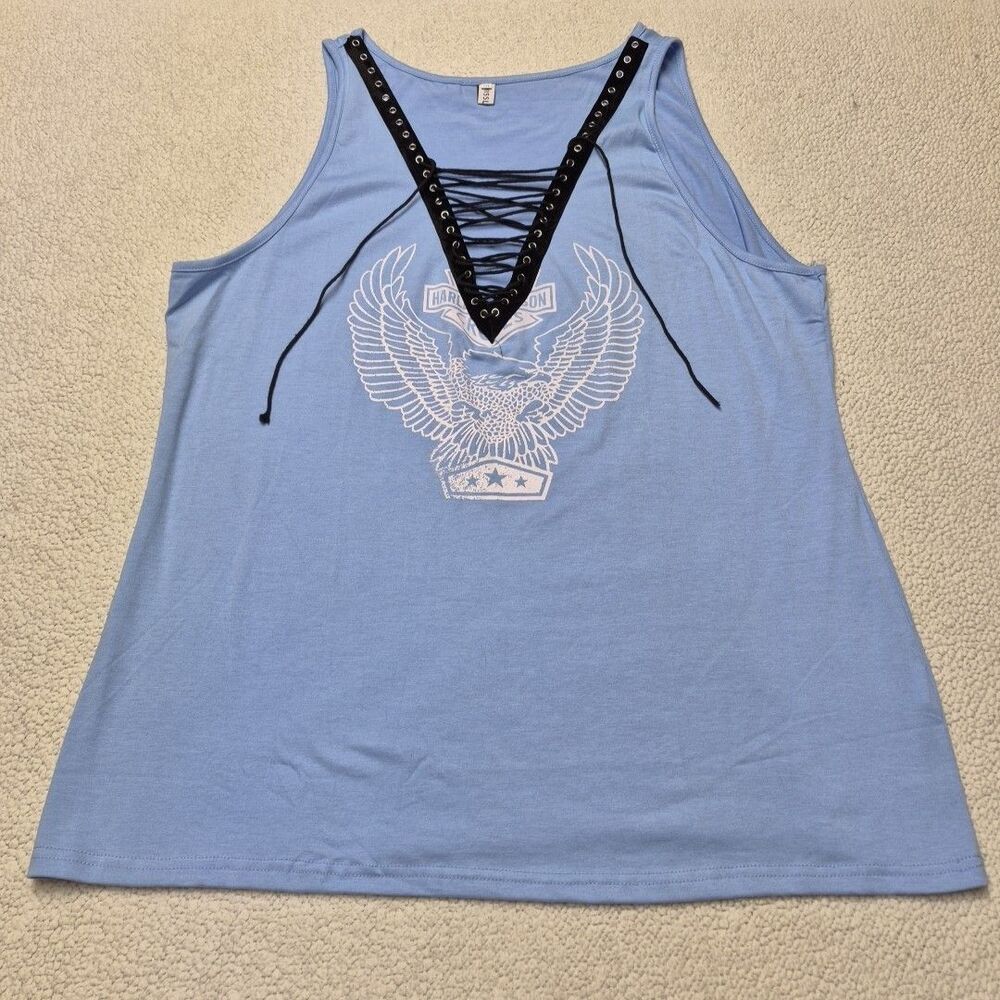 Misslook Womens Size 3XL Blue Motorcycle Shirt Sleeveless Graphic Tee Top